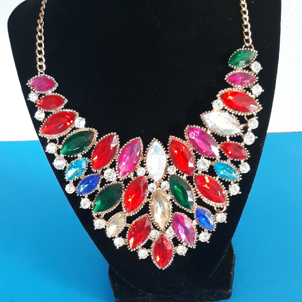 Multi-Color Rhinestone Statement Bib Necklace - image 1